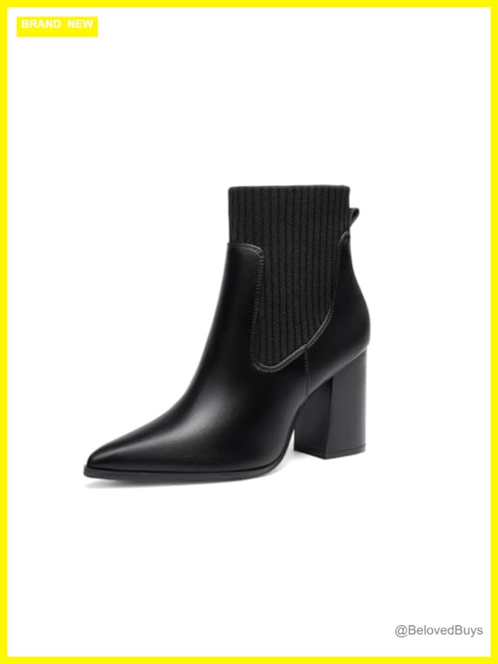 Women Sock Booties Pointed Toe Chunky Heel Knit Chelsea Ankle Boots Faux Leather